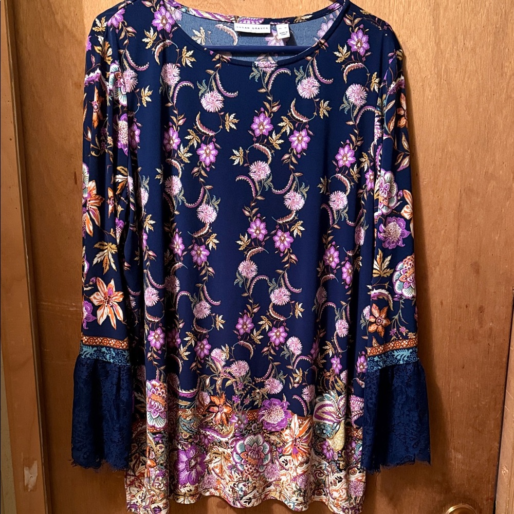 Susan Graver Navy Floral Lace-Cuff Long Sleeve Tunic Top